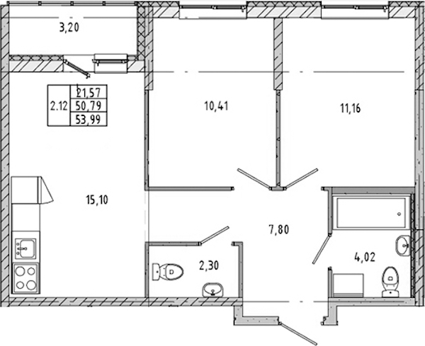 2-комнатная квартира 50.74 м², 15/17 эт., ЖК «Новые горизонты 2»